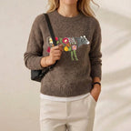 Cashmere Sweater Brown with Cow & Floral Garden Pattern