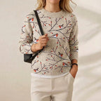 Cotton Sweater Cream with Robin & Branches Pattern