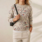 Cashmere Sweater Cream with Robin & Branches Pattern