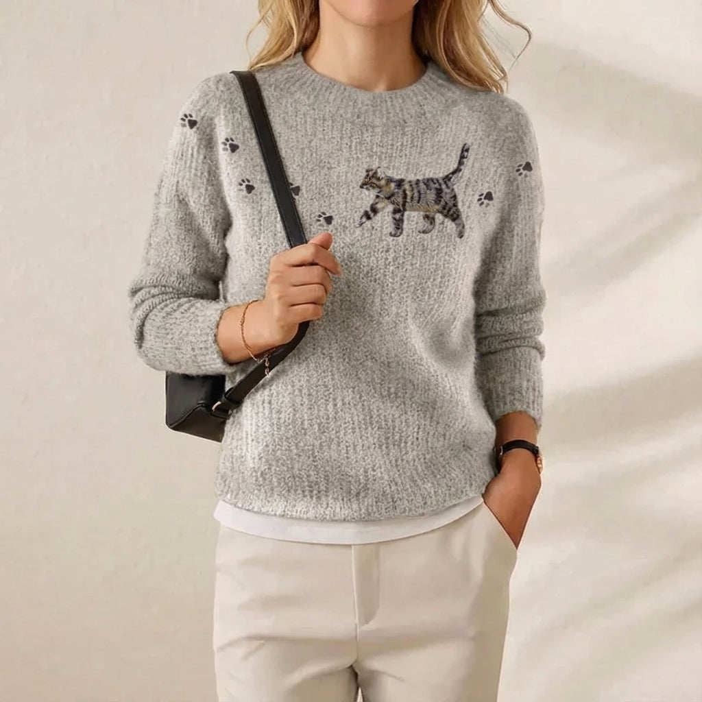 Cashmere Sweater Gray with Kitten & Paw Prints