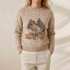 Cashmere Sweater Cream with Squirrel & Autumn Leaves