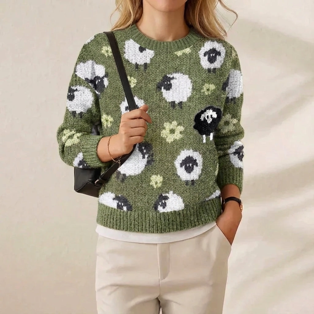 Cotton Sweater Green with Sheep Pattern