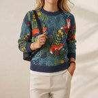 Cotton Sweater Navy with Fox & Forest Pattern