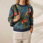Cashmere Sweater Navy with Fox & Forest Pattern