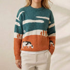 Cashmere Sweater Teal & Orange with Landscape & Cow Design