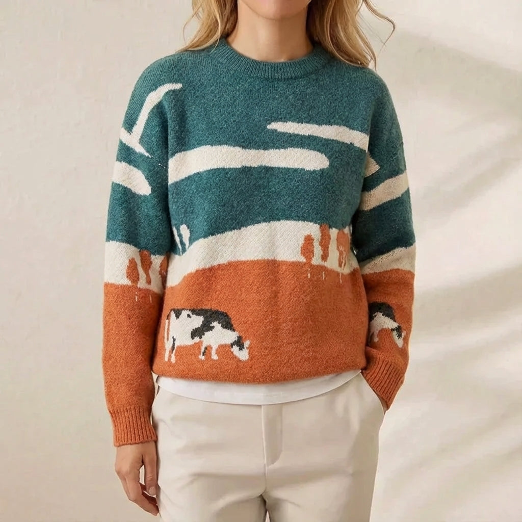 Cashmere Sweater Teal & Orange with Landscape & Cow Design