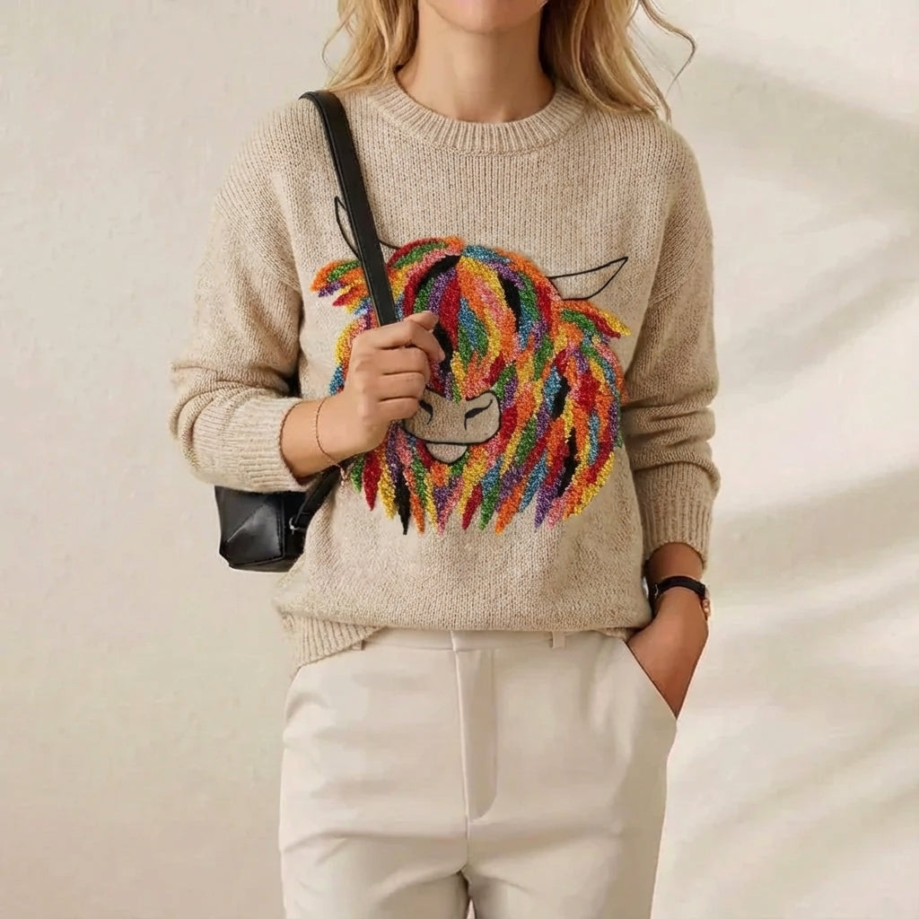 Cashmere Sweater Cream with Rainbow Cow Design – Inari Boutique