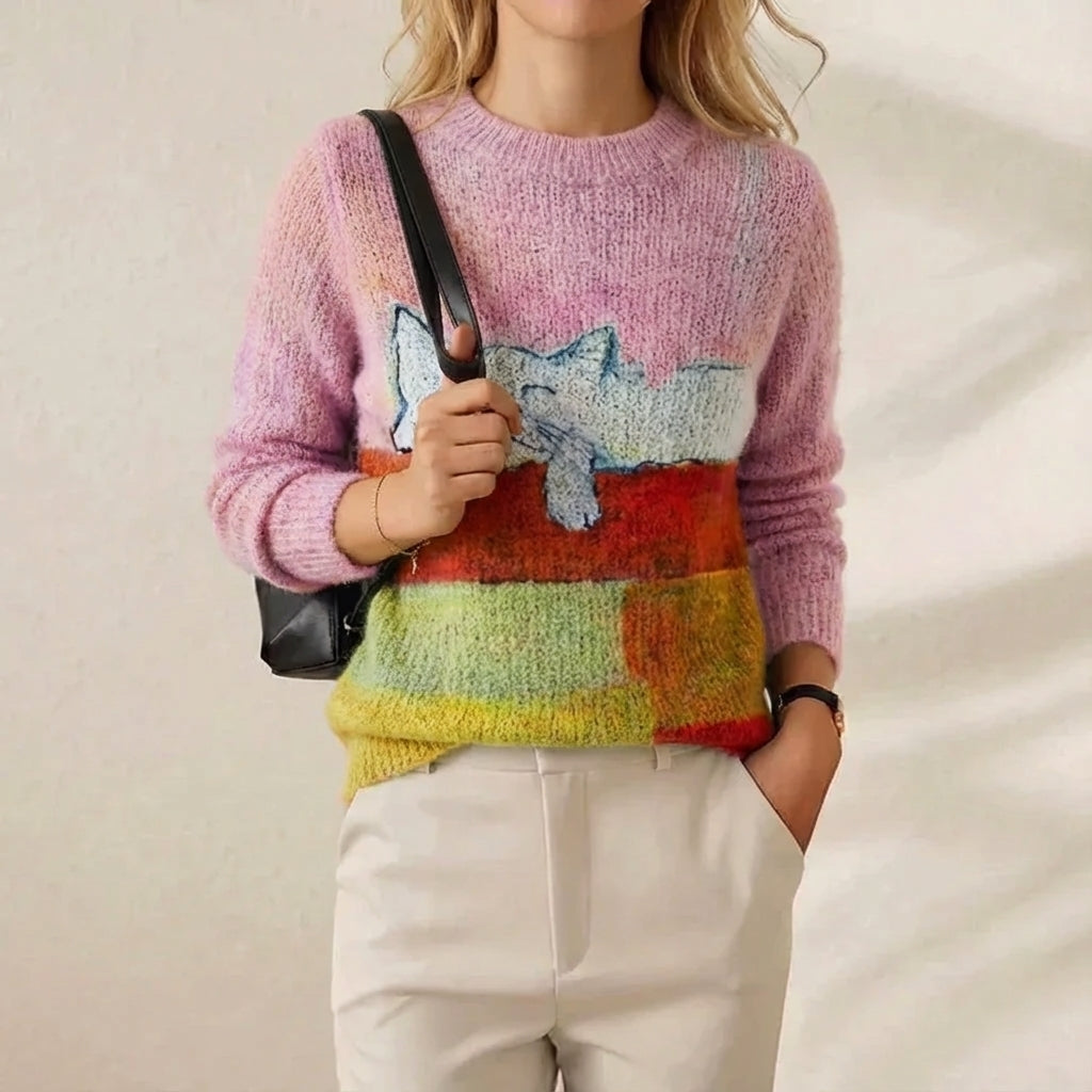 Cashmere Sweater Pink with Cat Design
