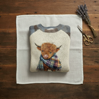 Cashmere Sweater Light Blue & Cream with Highland Cow Pattern