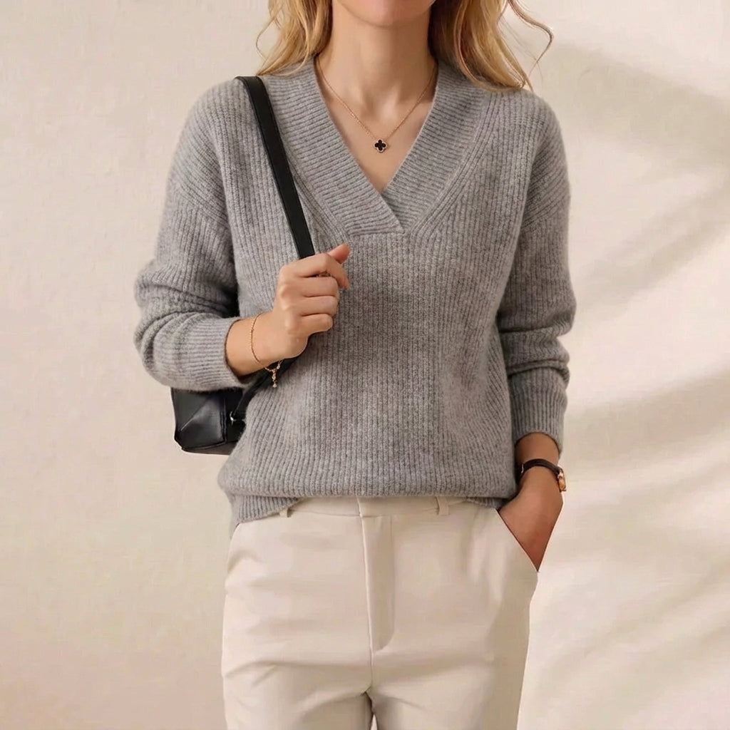Baumwoll Zweifarbiger Pullover Beige-Navy