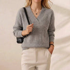 Heather Grey V Neck Ribbed Cashmere Blend Sweater