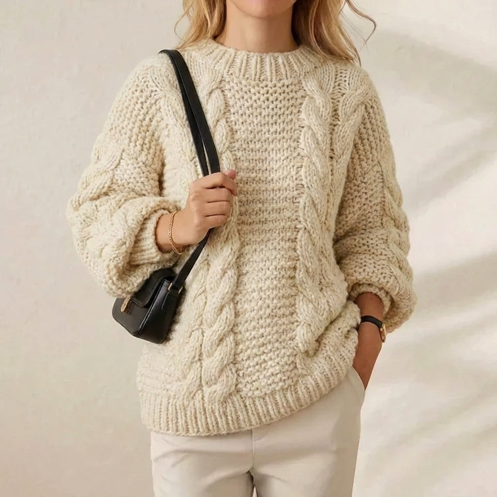 Ivory Chunky Cable Crewneck Cream Oversized Braided Knit Pullover