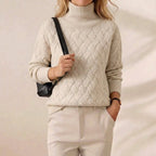 Ivory Basketweave Textured Turtleneck Knit Sweater