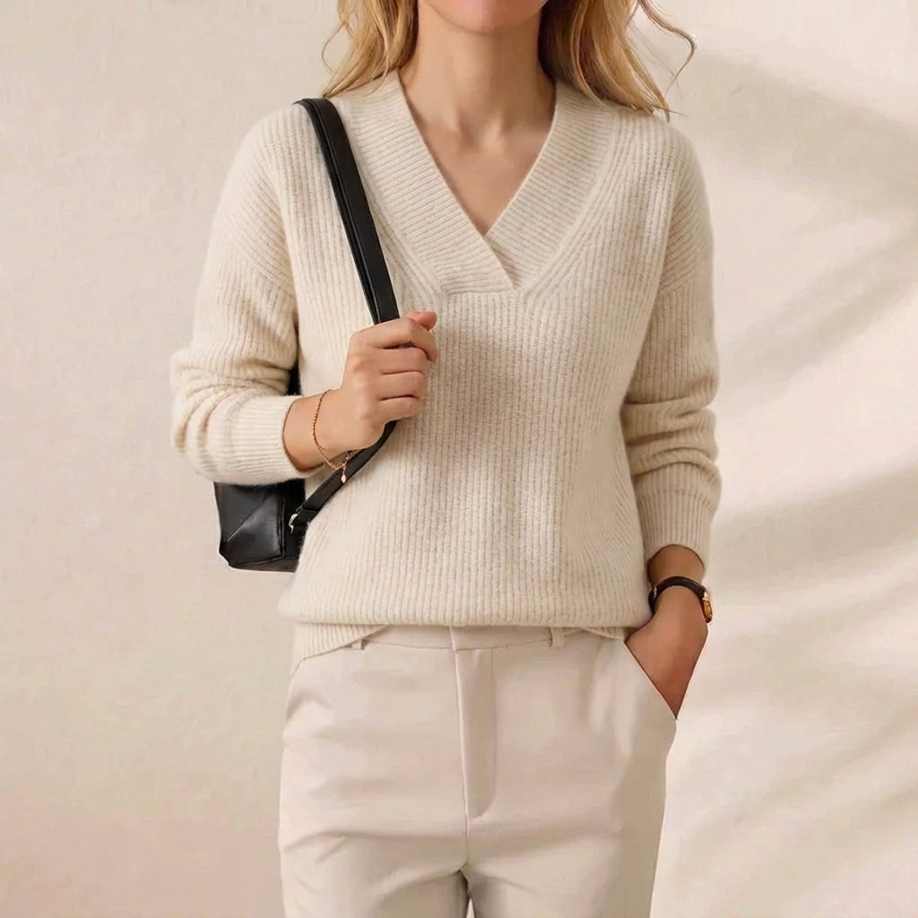 Baumwoll Zweifarbiger Pullover Beige-Navy