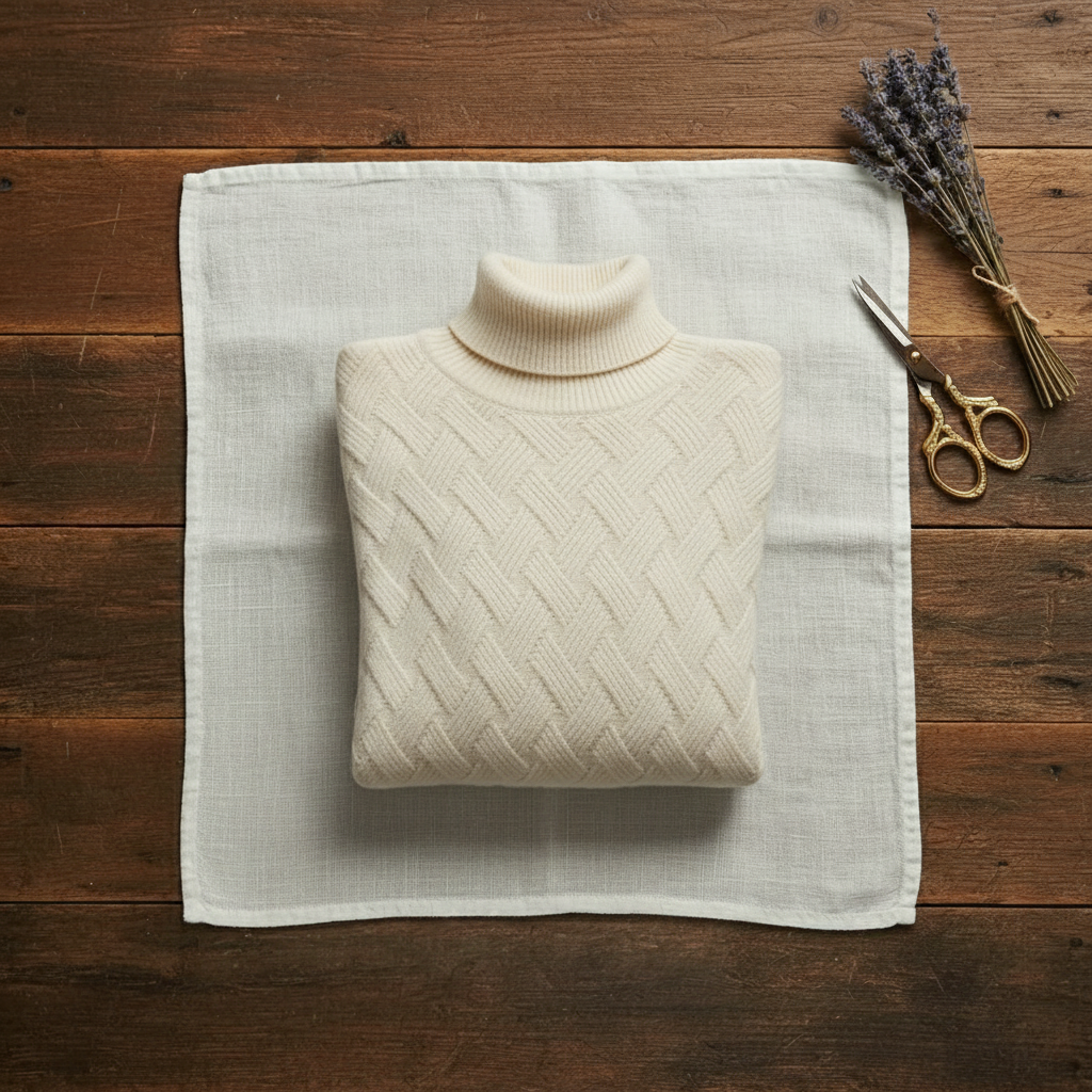 Cashmere Turtleneck Sweater with Herringbone Knit