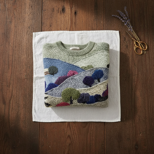 Cotton Sweater Blue & Green with Landscape & Sheep Pattern – Inari