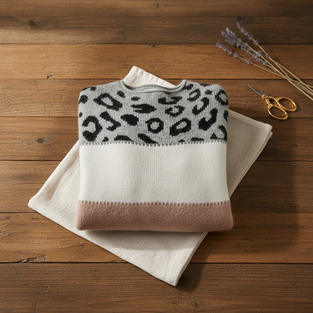 Cotton Sweater Cream with Leopard Print