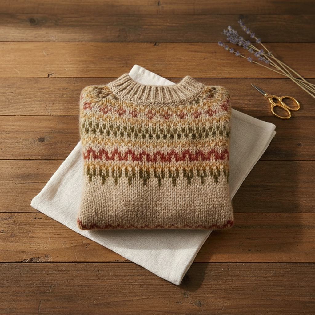 Cotton Sweater with Brown Fair Isle Yoke