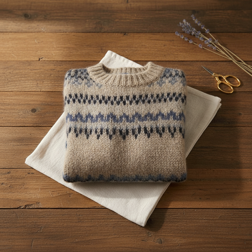 Cotton Sweater with Brown Fair Isle Yoke