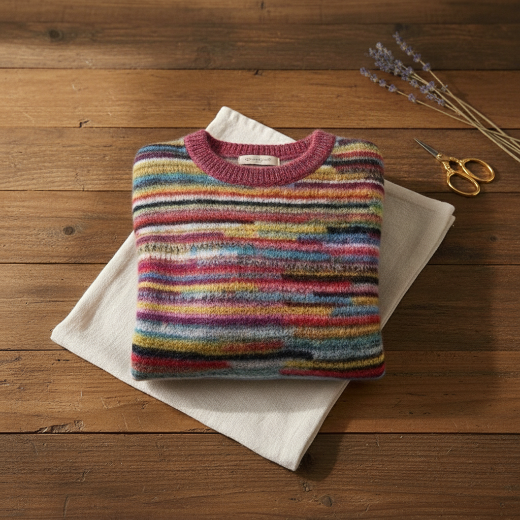 Cotton Sweater with Horizontal Stripes Earth Tones