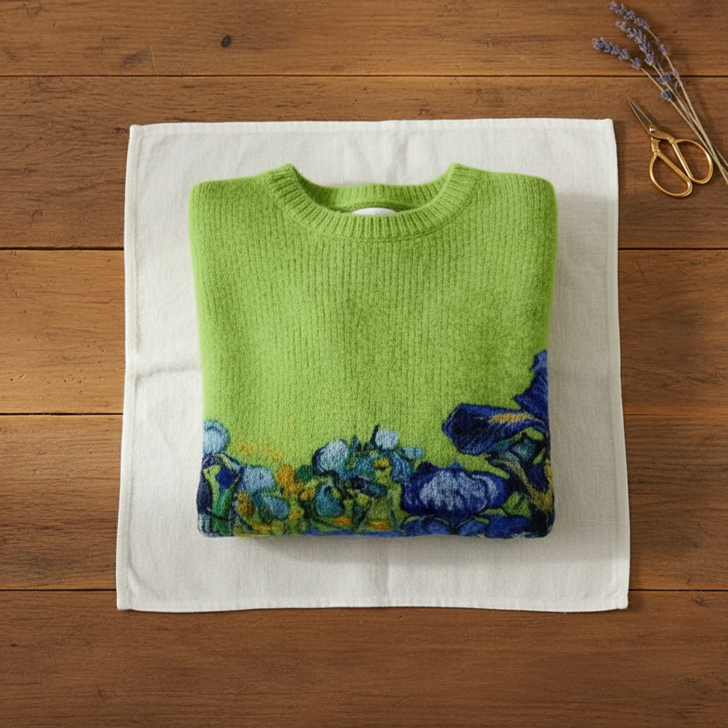 Cashmere Sweater Green with Blue Flower Pattern