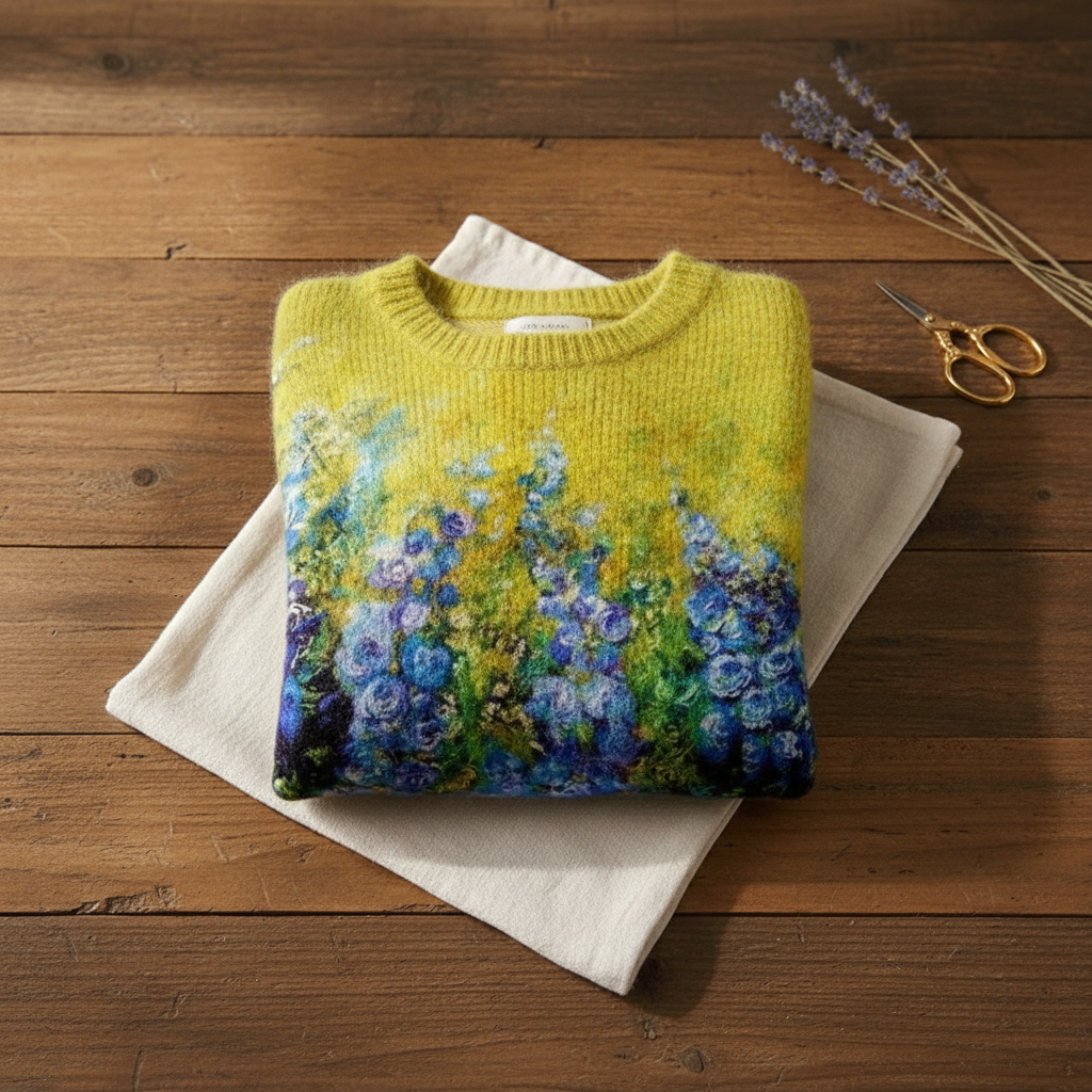 Cashmere Sweater Yellow with Flower Pattern