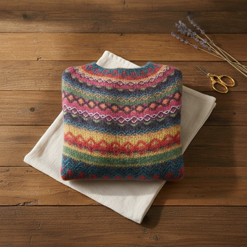Cotton Sweater with Rainbow Fair Isle Stripes