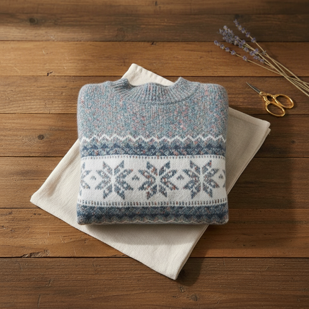 Cashmere Sweater Light Blue with Snowflake Pattern