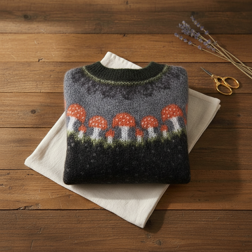 Cotton Sweater Black with Mushroom Pattern