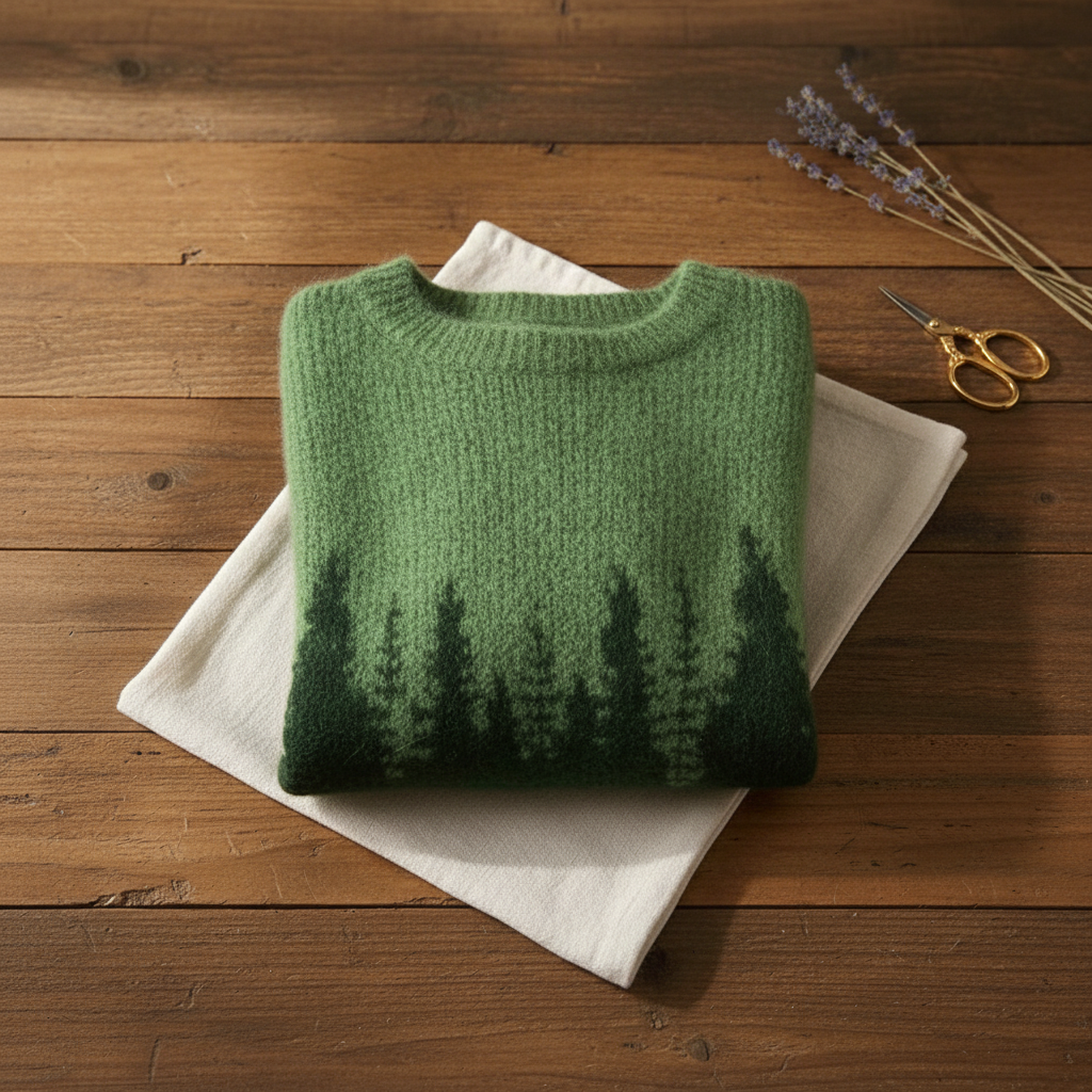 Cotton Mohair Sweater Green with Pine Tree Pattern