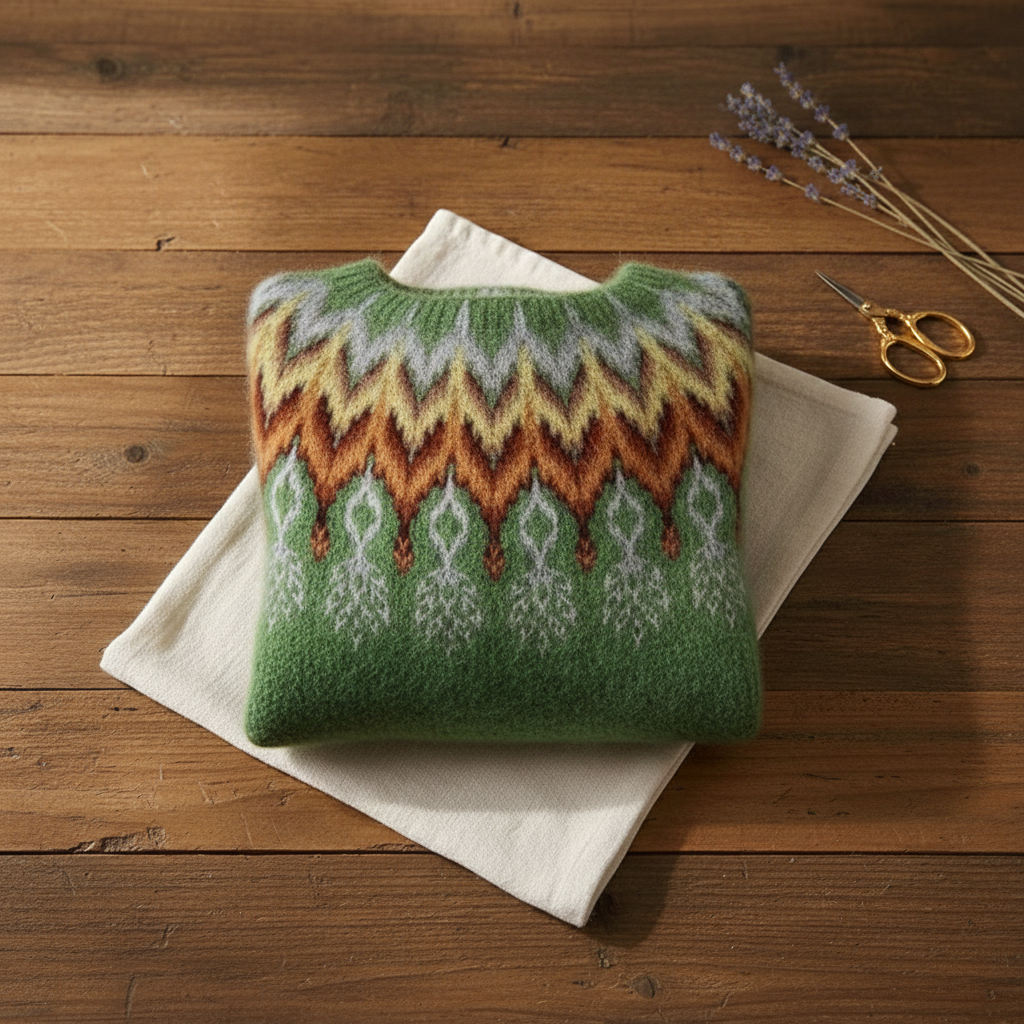 Cotton Sweater Green with Chevron V-Pattern