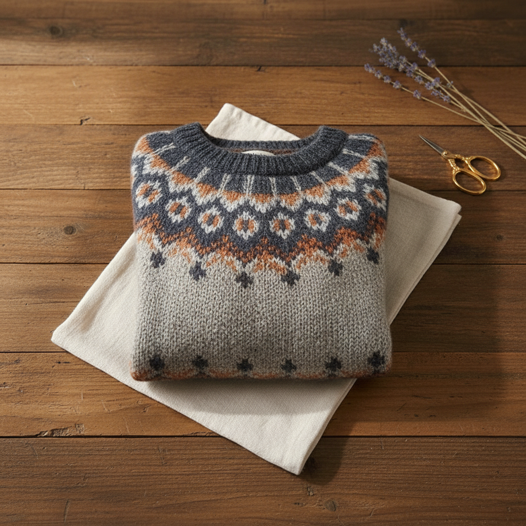 Cashmere Sweater Gray with Geometric Nordic Pattern