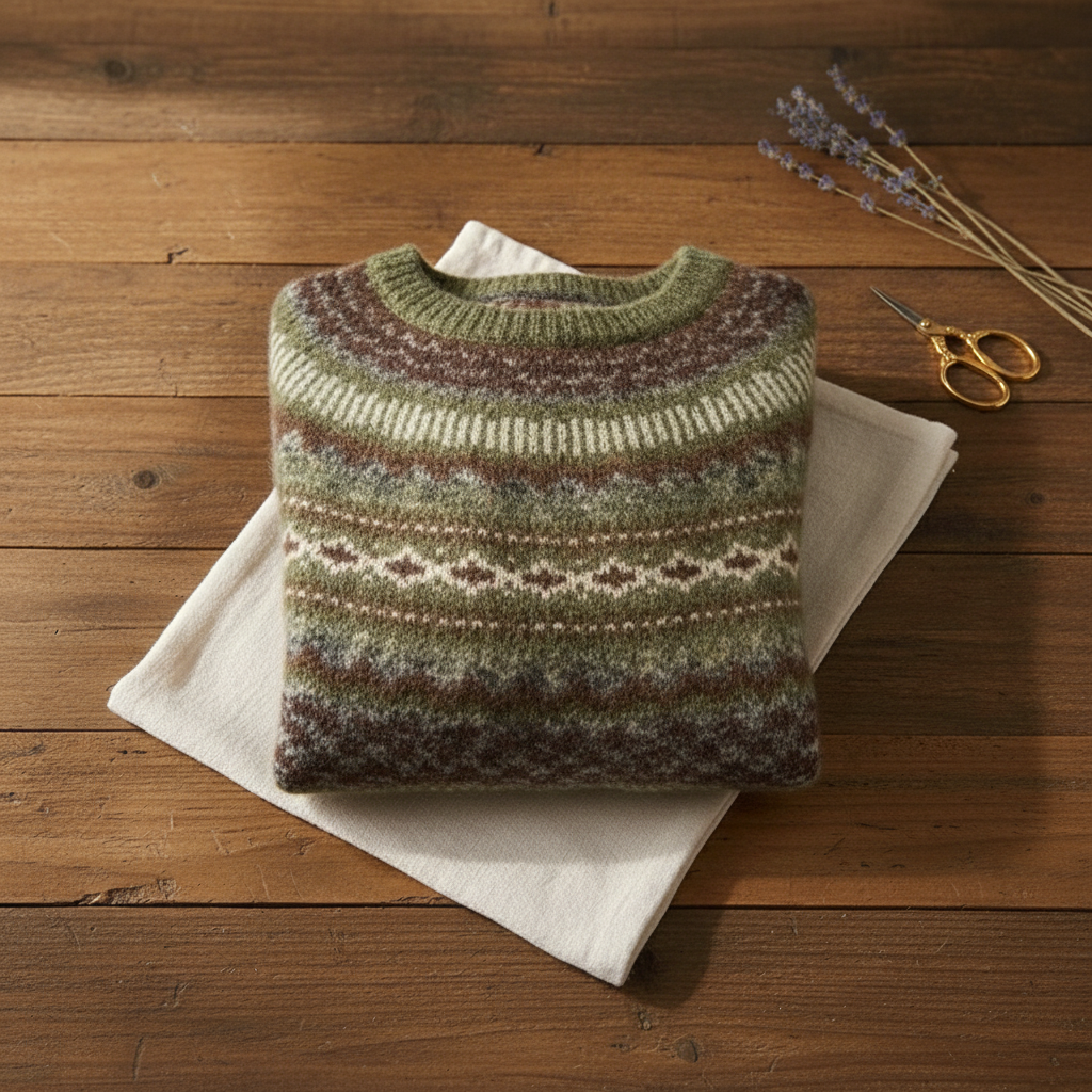 Cashmere Sweater Olive with Abstract Pattern
