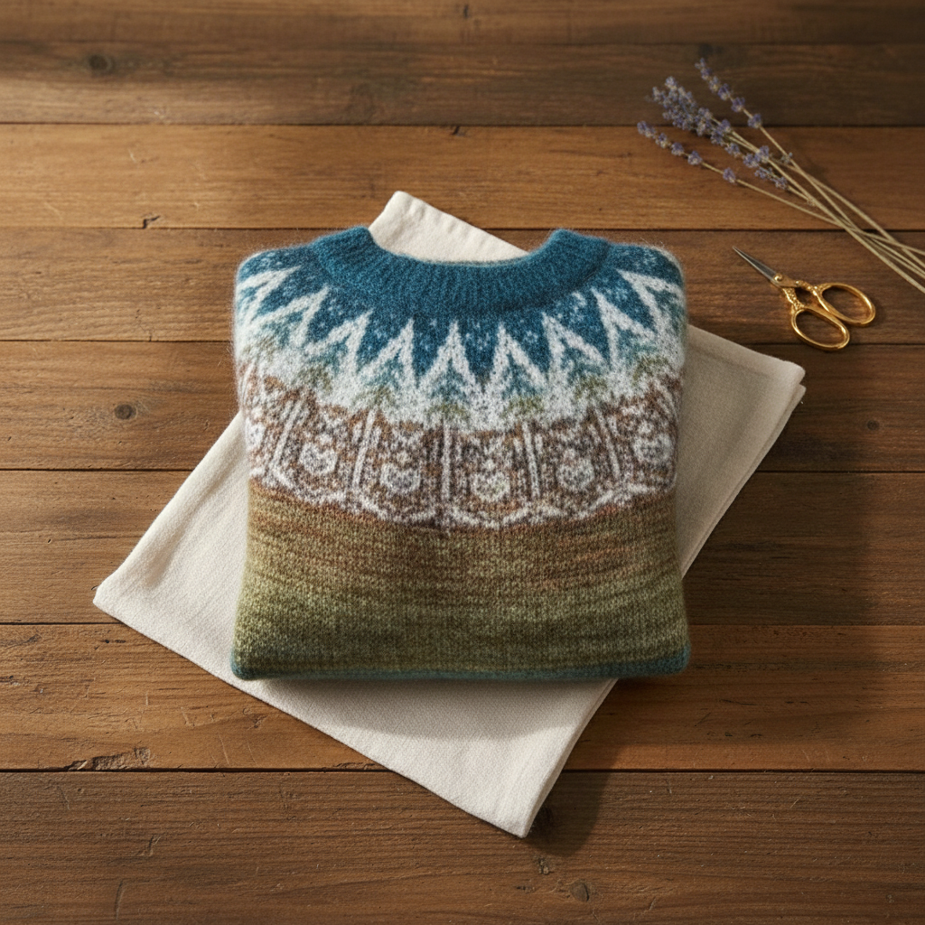 Cashmere Sweater with Gradient Nordic Pattern Blue