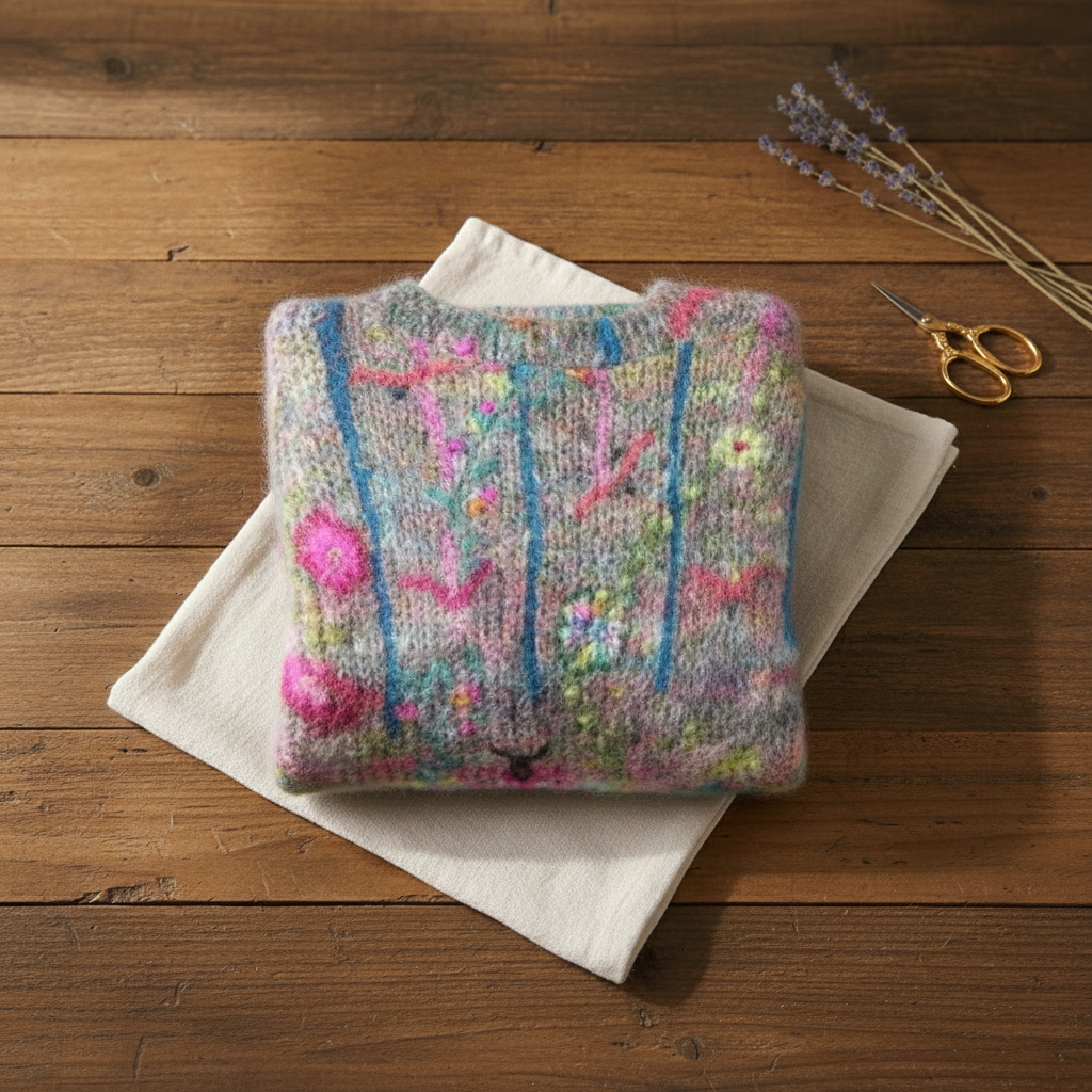 Cashmere Sweater with Abstract Pattern Pink-Turquoise