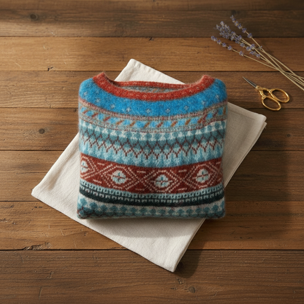 Cotton Sweater Blue-Red with Fair Isle Bands