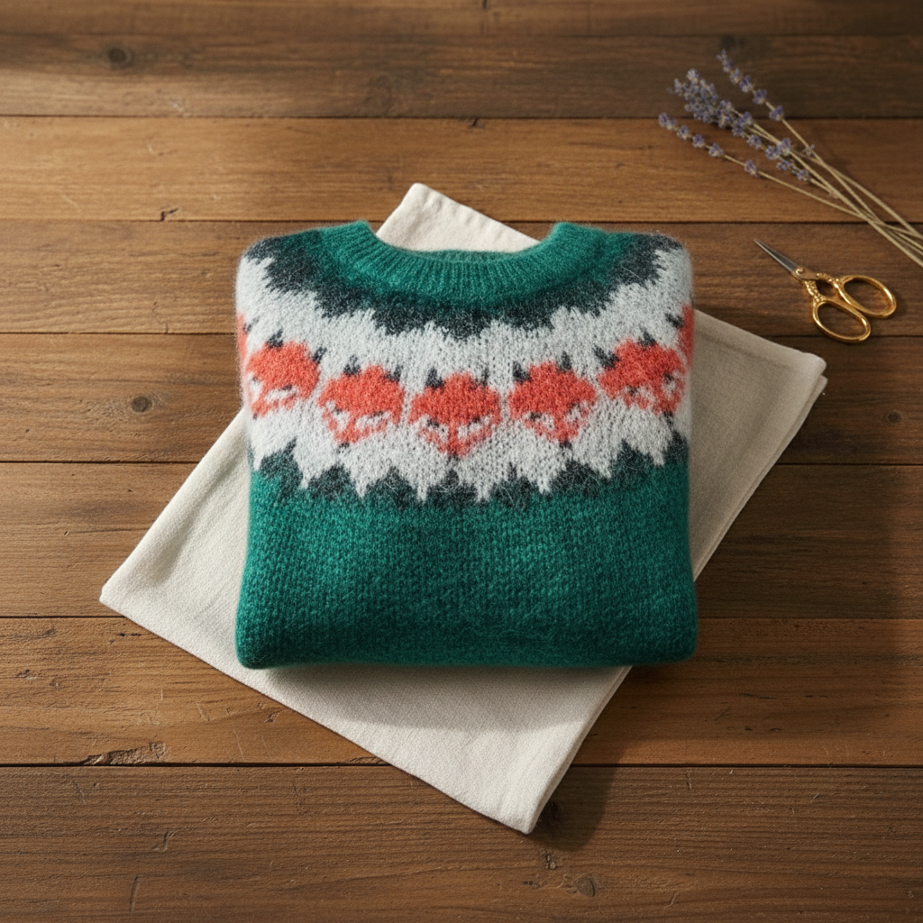 Cashmere Mohair Sweater Teal with Fox Pattern
