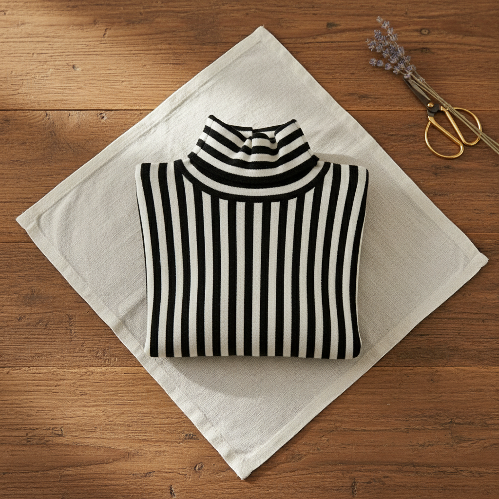 Cashmere Turtleneck with Vertical Stripes Black-White