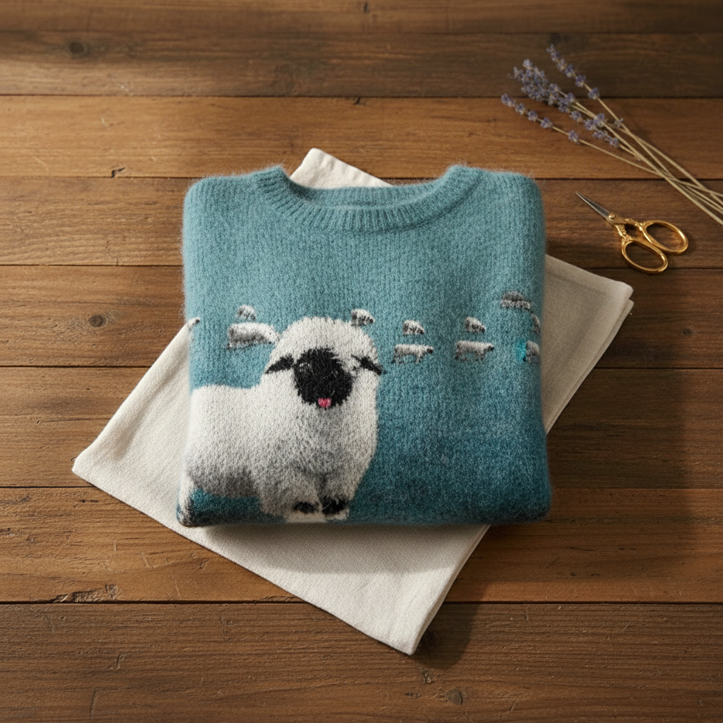Cashmere Sweater Teal with Sheep Pattern