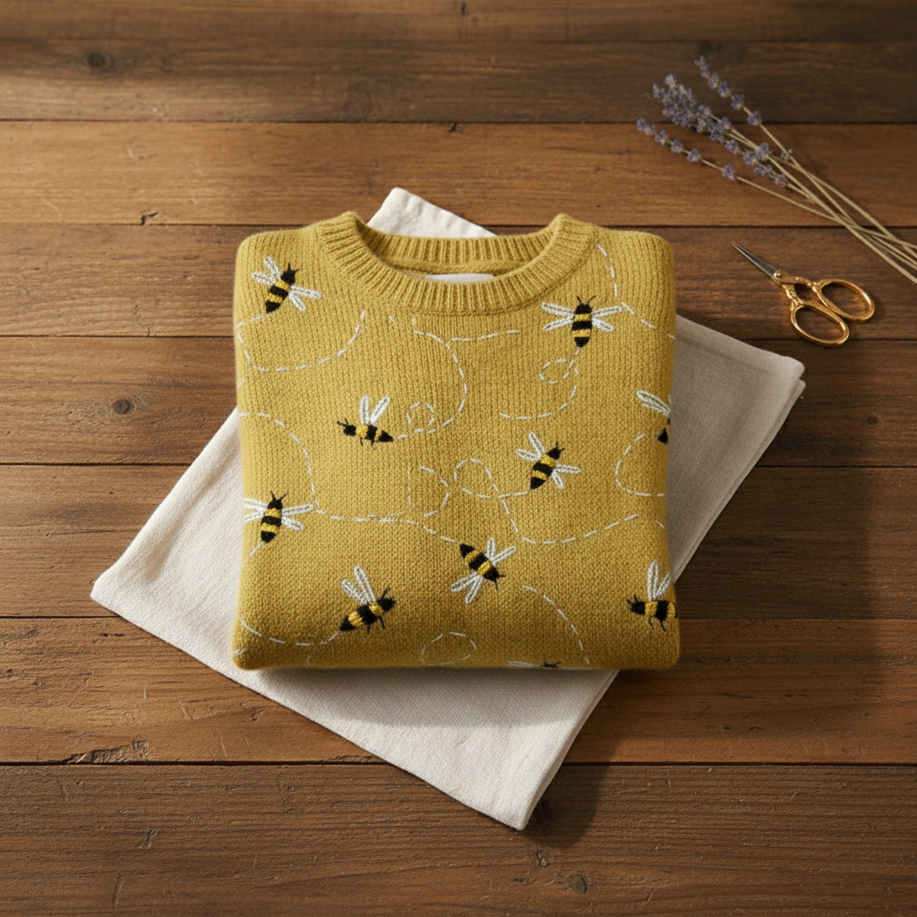 Cashmere Sweater Mustard Yellow with Bee Pattern