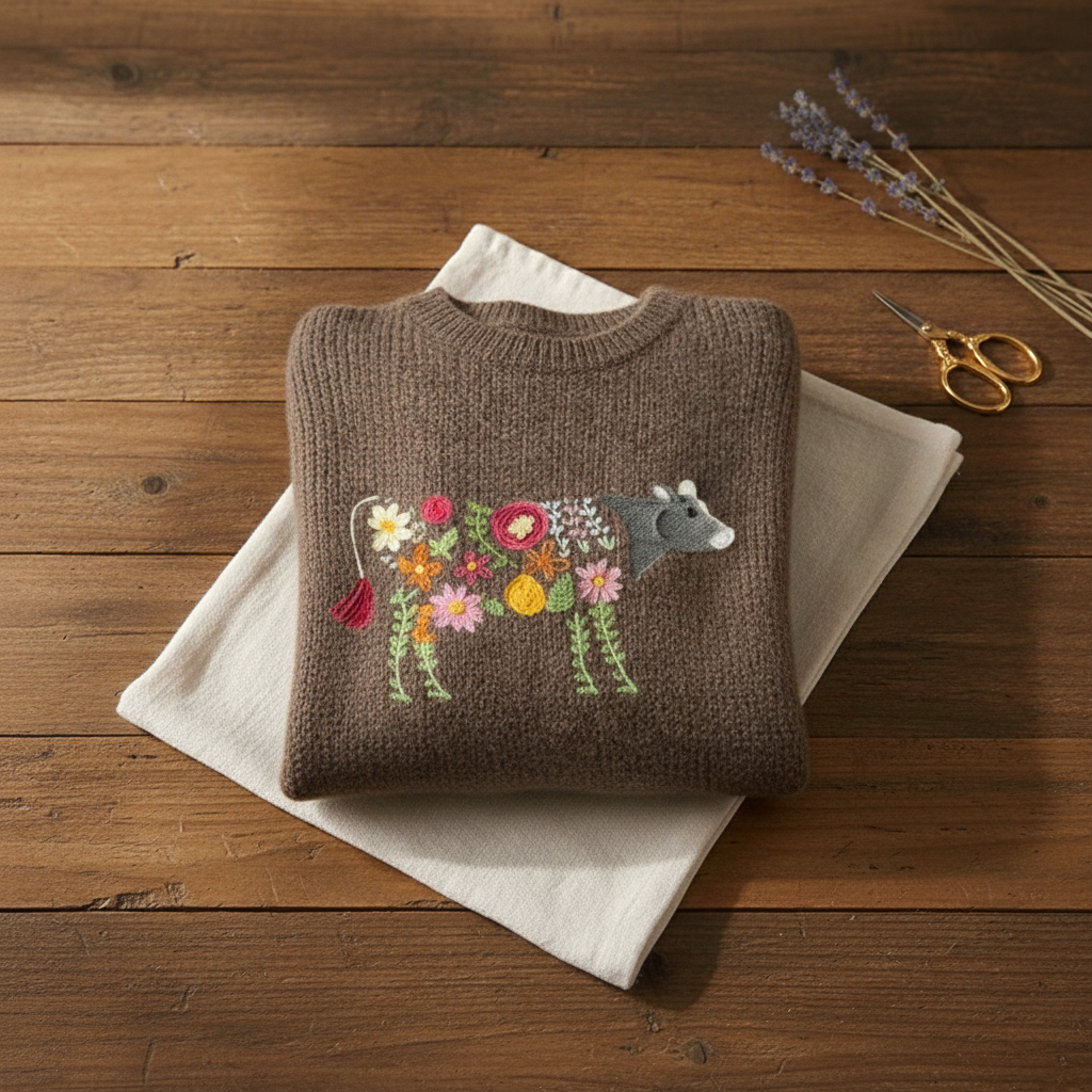 Cashmere Sweater Brown with Cow & Floral Garden Pattern