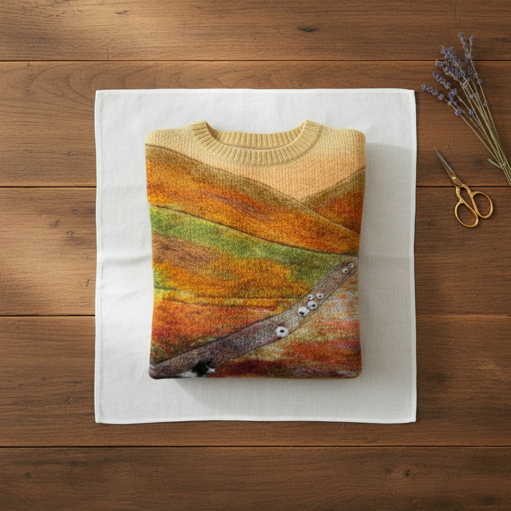 Cotton Sweater Multicolor Landscape with Dog and Sheep