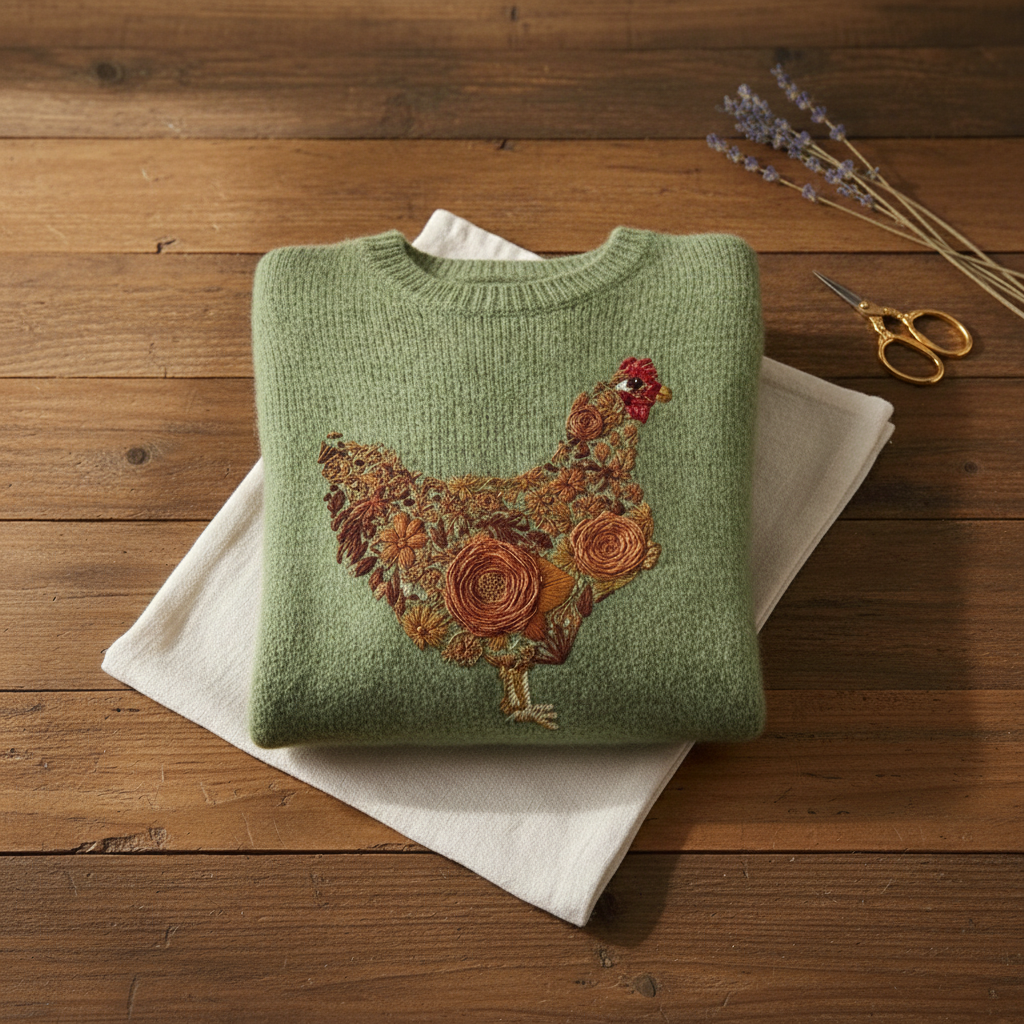 Cotton Sweater Green with Floral Patterned Hen