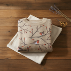 Cashmere Sweater Cream with Robin & Branches Pattern