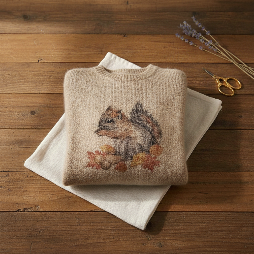 Cashmere Sweater Cream with Squirrel & Autumn Leaves