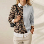 Leopard & Grey Colorblock Split Crew Neck Knit Sweater