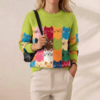 Lime Green Rainbow Cats Intarsia Crew Neck Knit Sweater