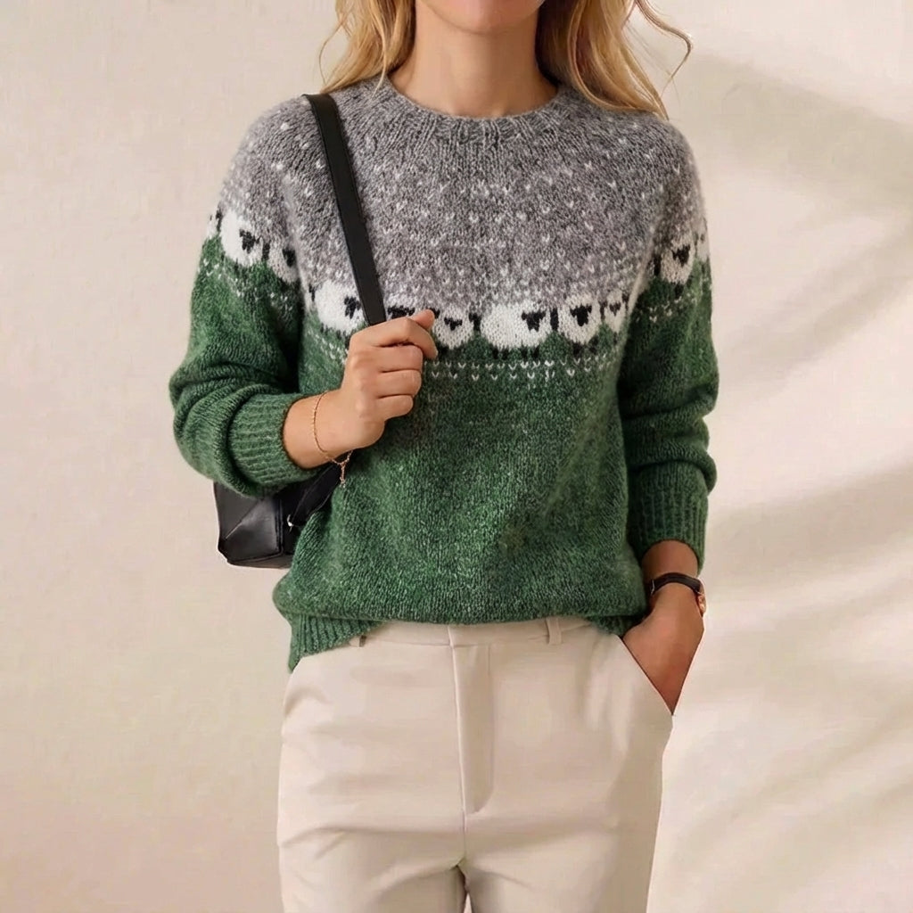 Meadow Green Sheep Intarsia Colorblock Knit Sweater