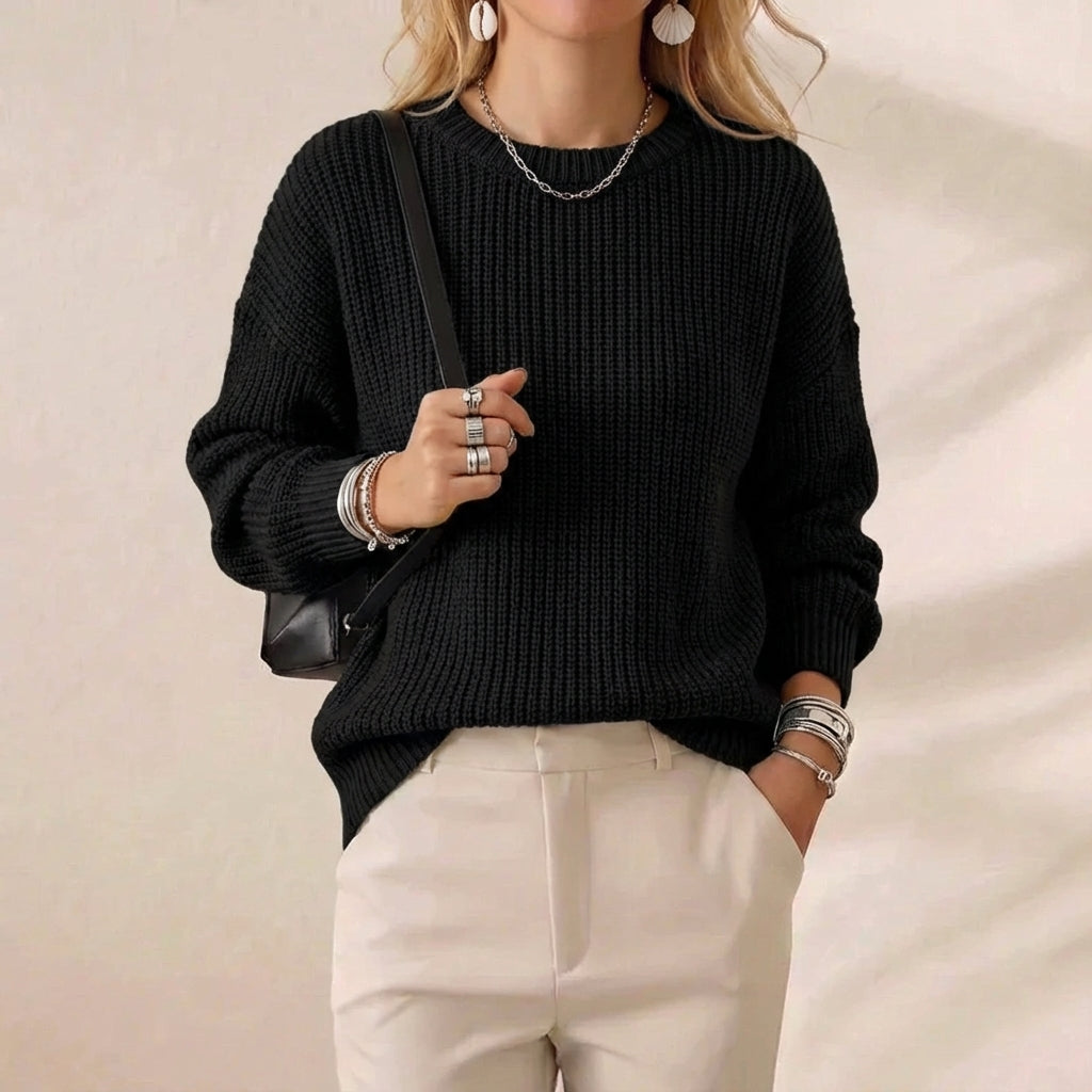 Midnight Black Oversized Chunky Ribbed Crew Neck Sweater