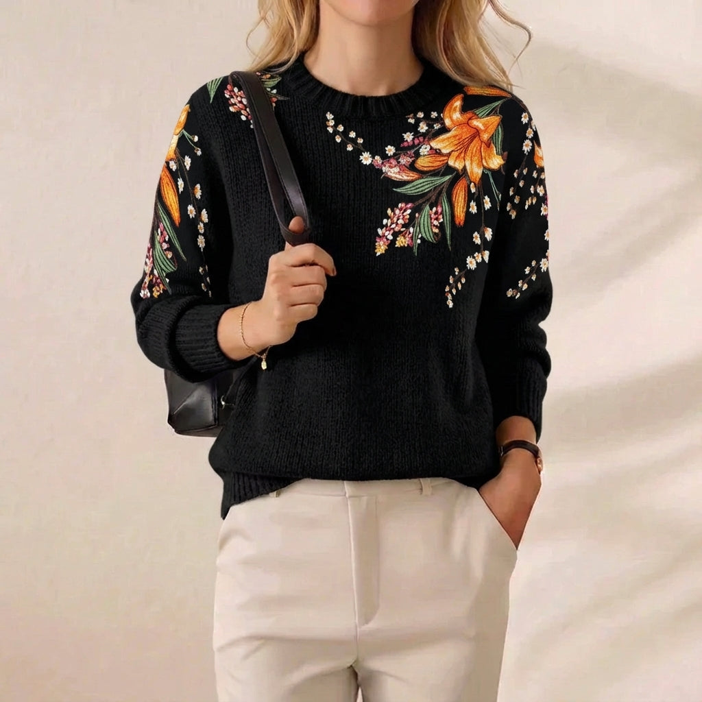 Midnight Bloom Floral Embroidered Knit Sweater